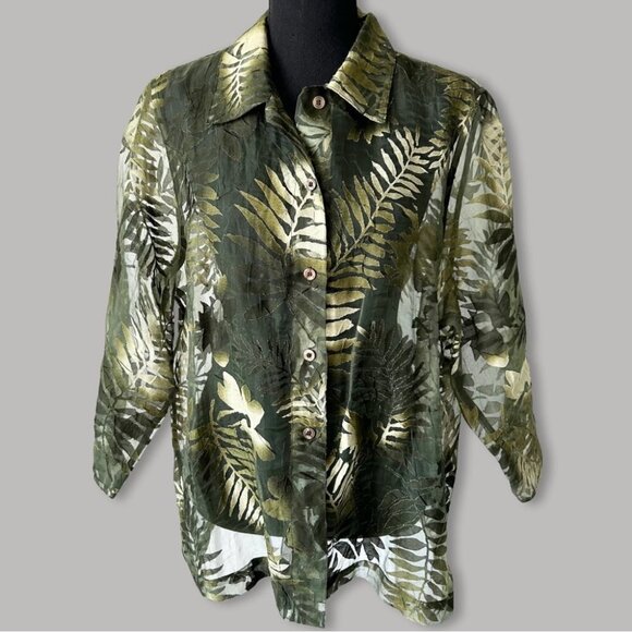 TanJay Burnout  Sheer Button Down Blouse - Picture 1 of 14